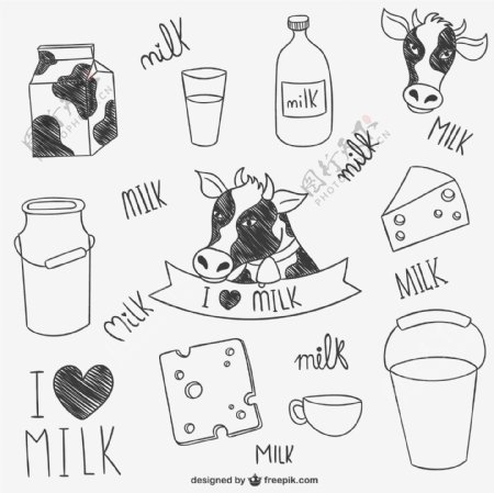手绘奶牛与牛奶制品