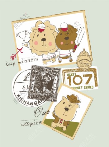 印花矢量图狮子熊数字邮票免费素材