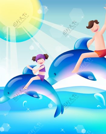 骑海豚冲浪的小朋友