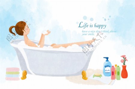 洗泡浴的时尚女孩插画