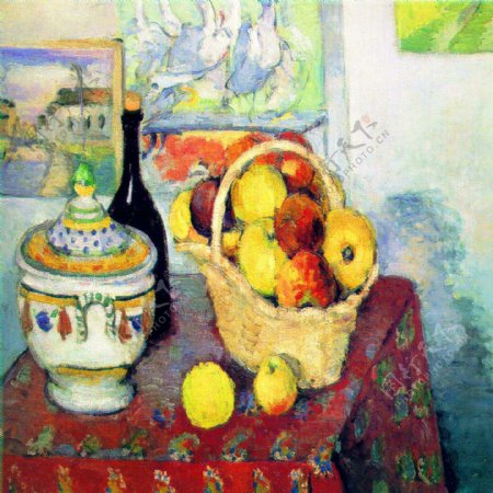 油画桌子上的水果篮和糖果罐