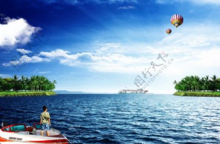 大海风景绿树蓝天热气球psd高清下载