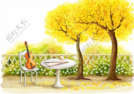 黄色大树旁的桌椅
