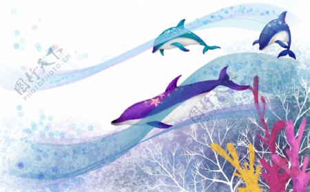 HanMaker韩国设计素材库卡通背景虚幻海豚畅游唯美