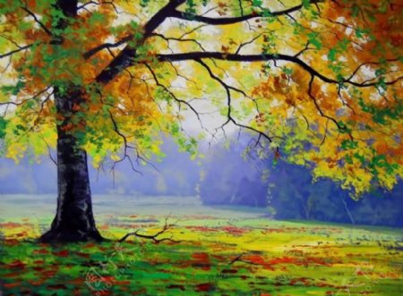 油画秋天的树图片