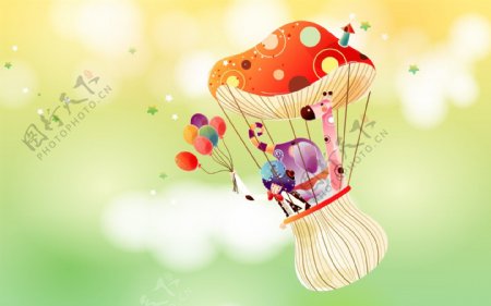 韩国清新插画热气球蘑菇