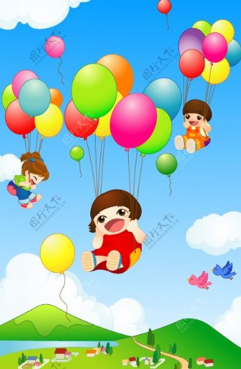 快乐的孩子和气球矢量素材