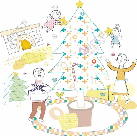 圣诞树和幸福家庭插画