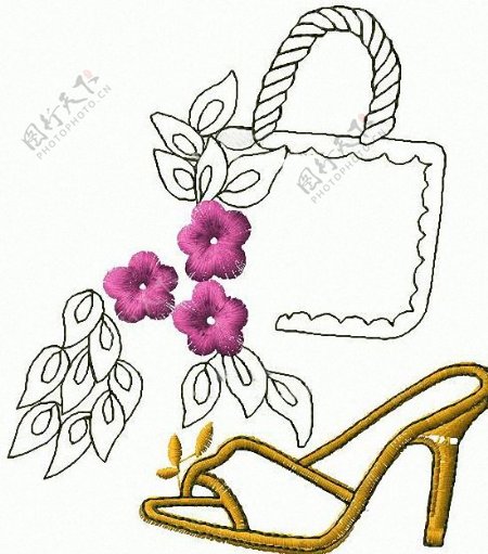 绣花生活元素手袋高跟鞋花卉免费素材
