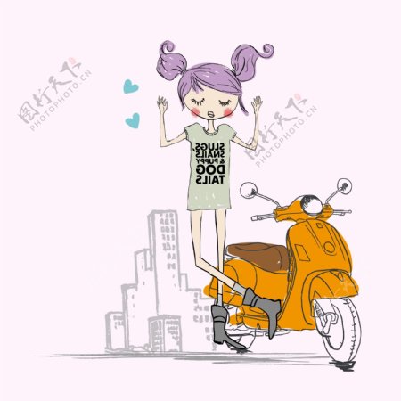印花矢量图T恤图案人物女孩交通工具免费素材
