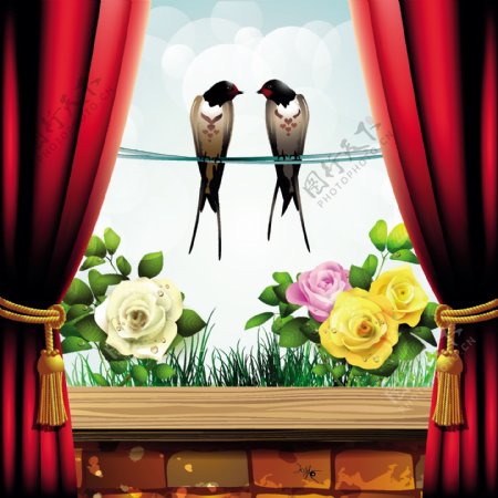 窗帘和花的小鸟