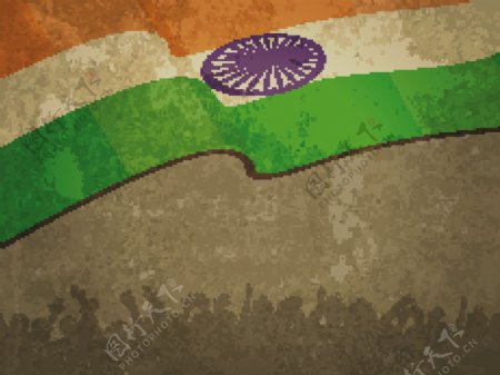 印度国旗上的老美纹纸背景的旗帜和人物插画矢量eps10剪影