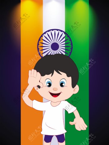 印度国旗敬礼背景卡通男孩