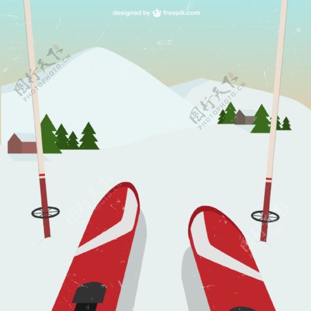 创意雪山滑雪插画矢量素材.