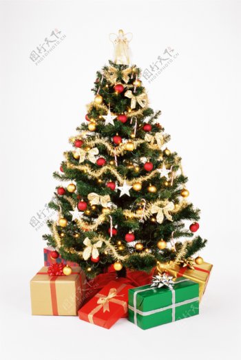 圣诞树礼物红色金色绿色圣诞节