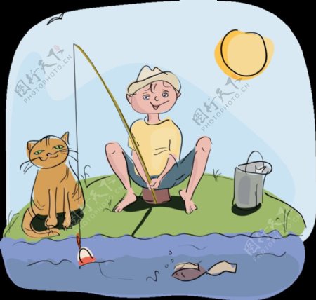 男孩和小猫钓鱼