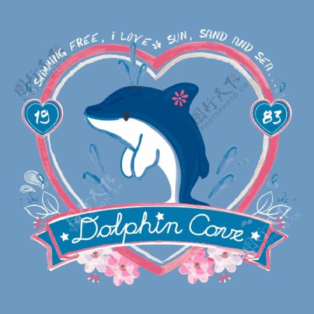 印花矢量图T恤图案图文结合动物海豚免费素材