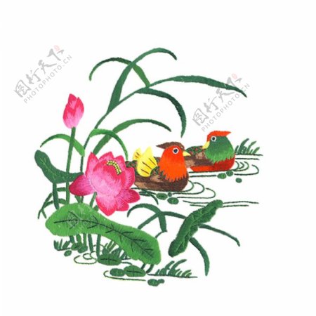 绣花动物鸳鸯植物花朵免费素材