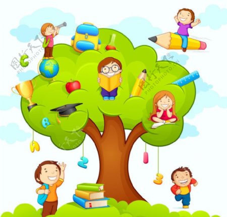 绿树上下的卡通儿童图片