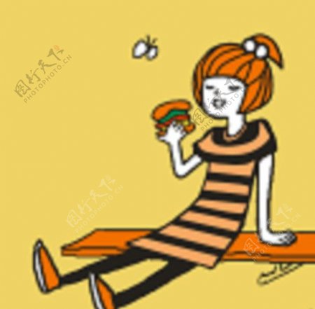 女孩吃面包插画图片