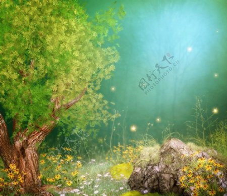童话世界影楼背景萤火虫绿树花丛图片