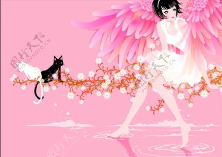 天使女孩黑白猫图片