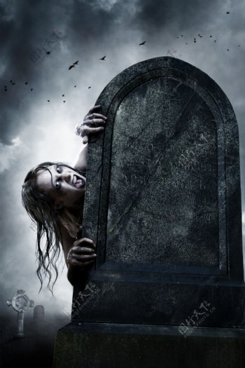 墓碑后恐怖的女人图片