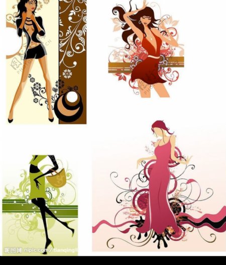 时尚女性与花纹插画矢量素材2图片