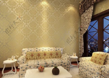 大马士革欧式古典黄沙发背景墙纸图片