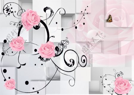 3D立体粉红玫瑰花纹背景墙图片