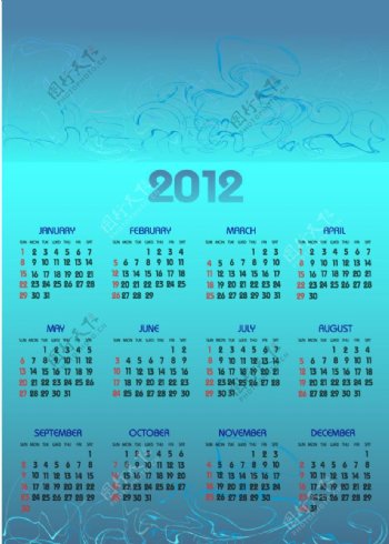 蓝色线条花纹2012日历图片