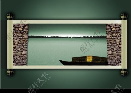乌蓬船卷轴画图片