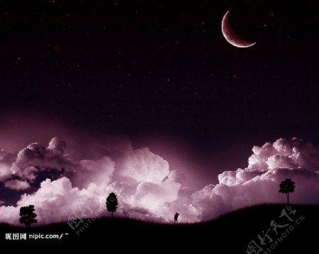 星空新月夜云层天地人图片