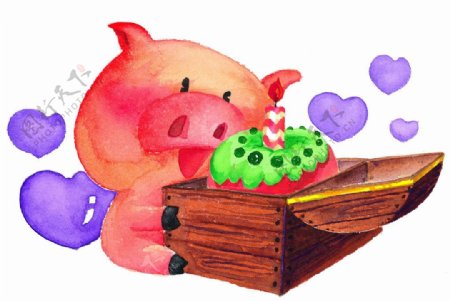 手绘水彩小猪的生日派对图片