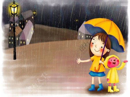 卡通下雨天小女孩图片