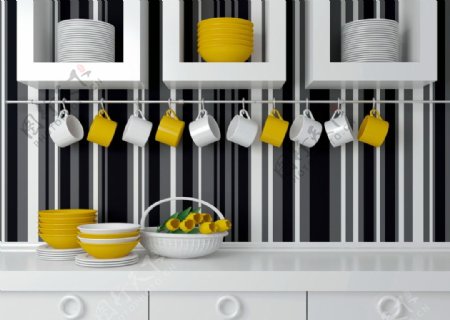 厨房橱柜上的餐具杯具图片
