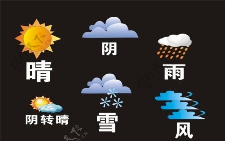 晴天雨天刮风下雨阴天云朵天气预报雪花太阳标识标志图标图片
