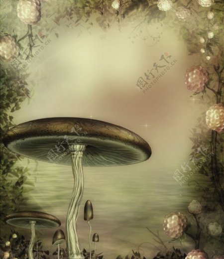 梦幻影楼童话背景蘑菇树花朵湖水图片