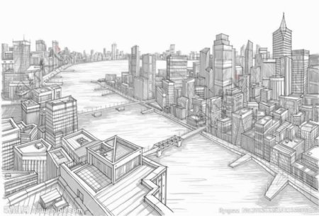 素描沿海城市建筑群图片