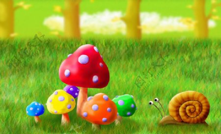 蜗牛和七彩蘑菇图片