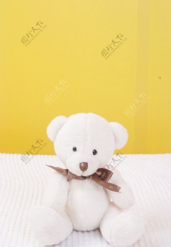 黄色背景毛绒玩具白色小熊图片