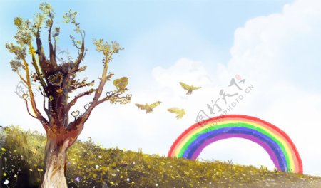手绘枯树彩虹图片