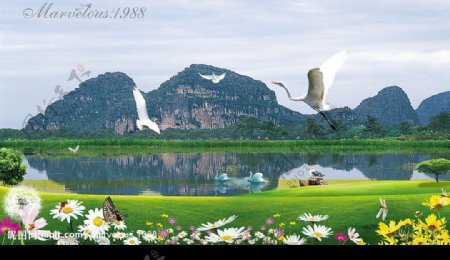 湖中鹤色图片