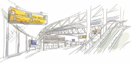 手绘城市高铁站内景观图片