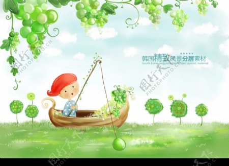 韩国精致分层素材卡通小孩葡萄图片