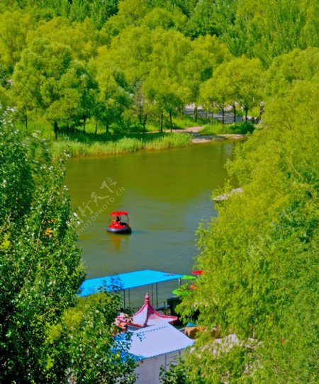 绿树翠湖红船图片