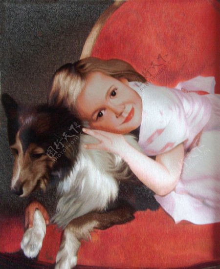 小女孩与狗苏绣精品图片