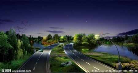 道路景观夜景效果图图片