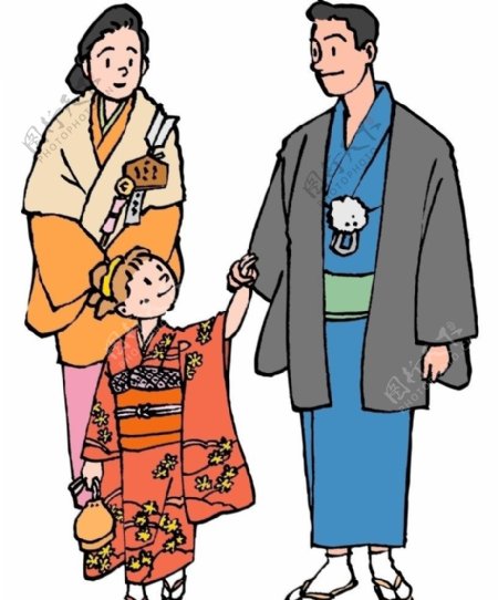 快乐家庭日本和服三口之家男人女人小孩图片