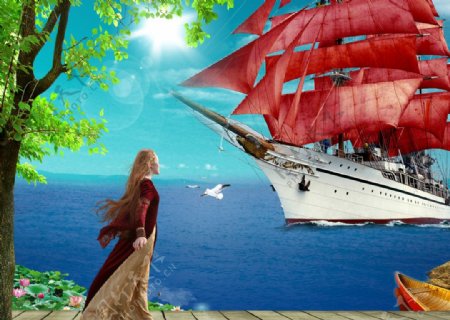 大海帆船风景广告设计素材图片